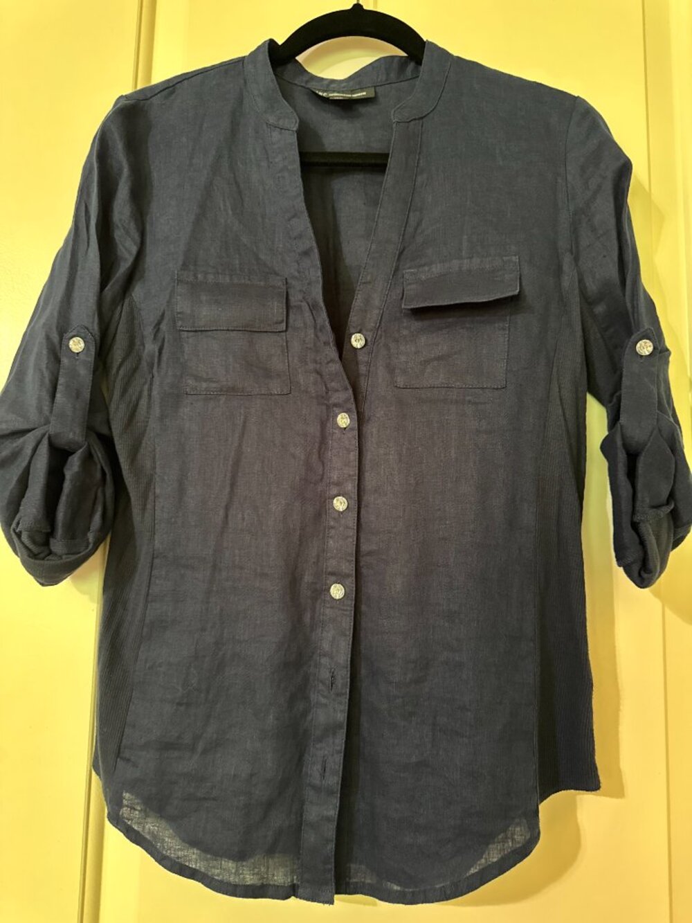 I.N.C. International Concepts Navy Linen Blend Roll-Tab Sleeve Shirt